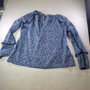 J.Crew Women Cotton Blue & White Peasant Boho Floral Long-Sleeve Blouse Size M